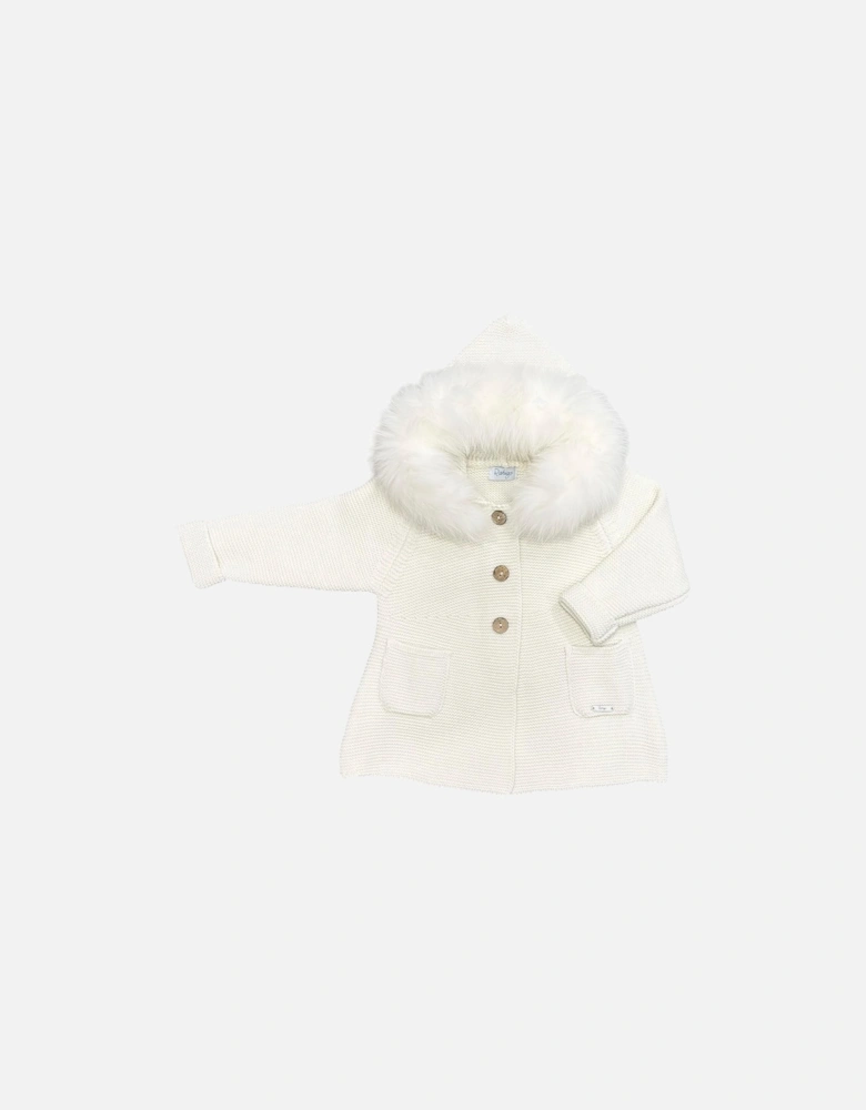 Girls Cream Knit Fur Trim Cardigan