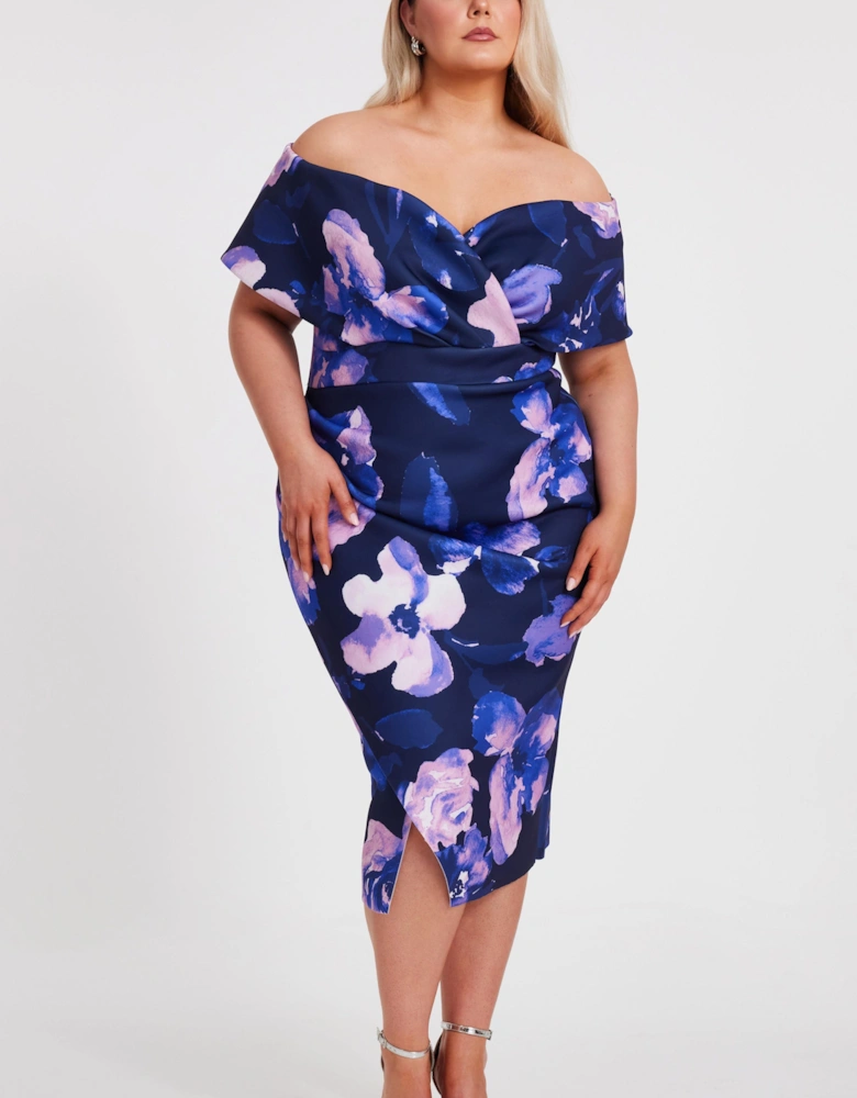 Navy Curve Floral Bardot Midi Dress