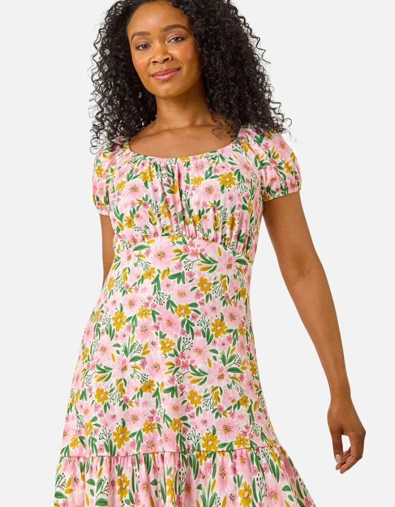 Petite Floral Print Frill Stretch Dress