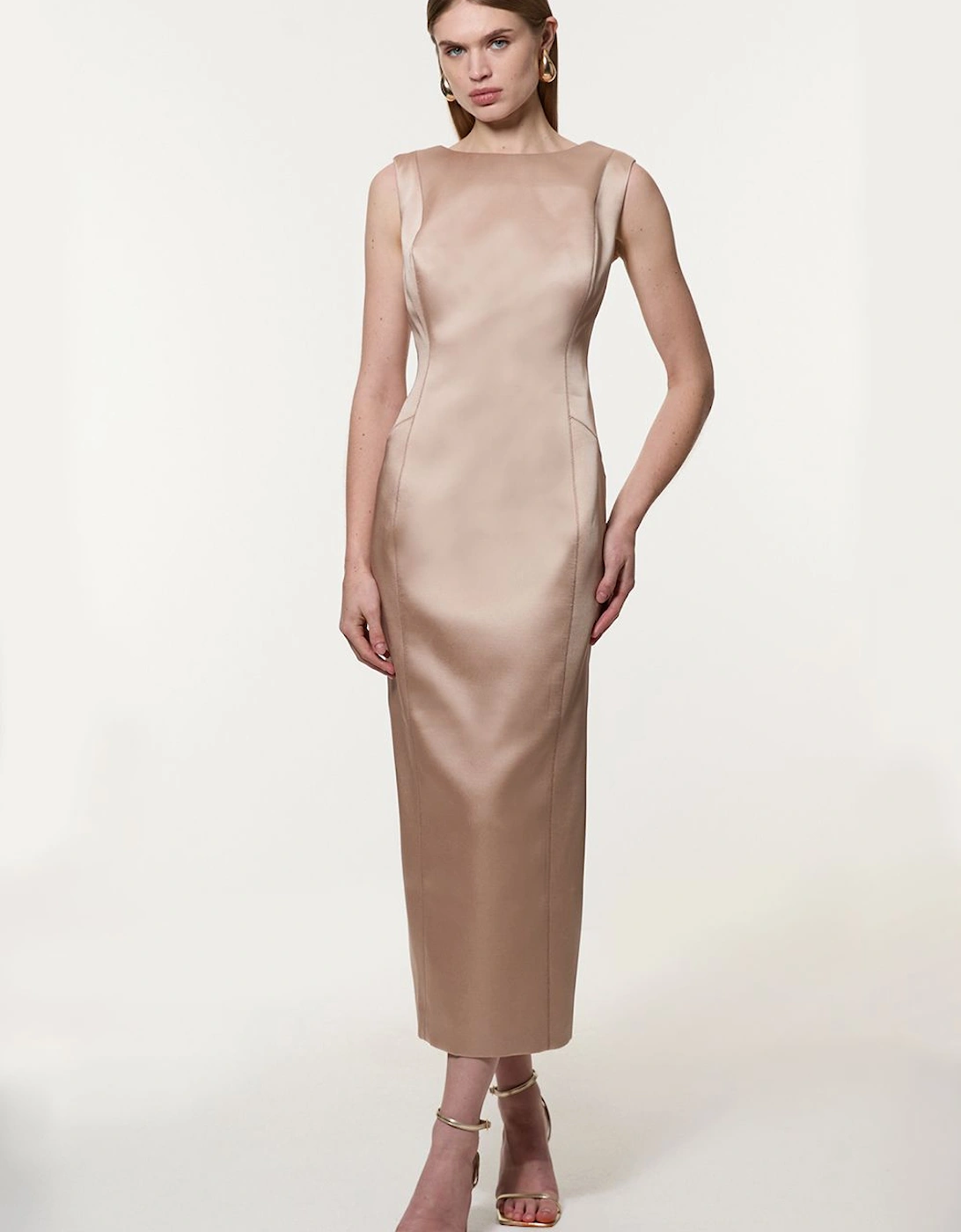 Structured Viscose Satin Stitch Detail Tailored Pencil Maxi Dress, 2 of 1