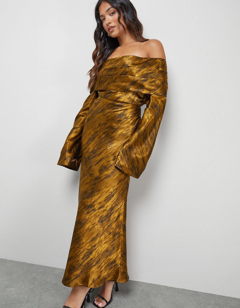 Petite Shimmer Satin Foldover Bardot Bias Midi Dress