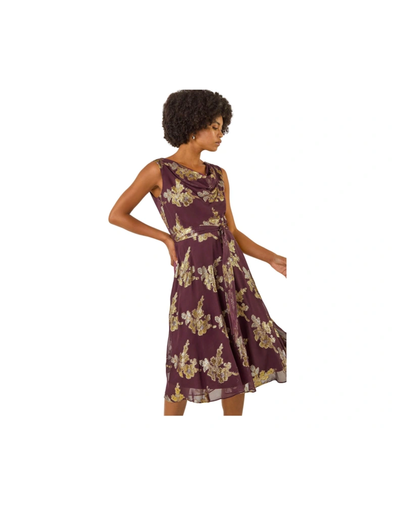 Metallic Jacquard Cowl Neck Midi Dress