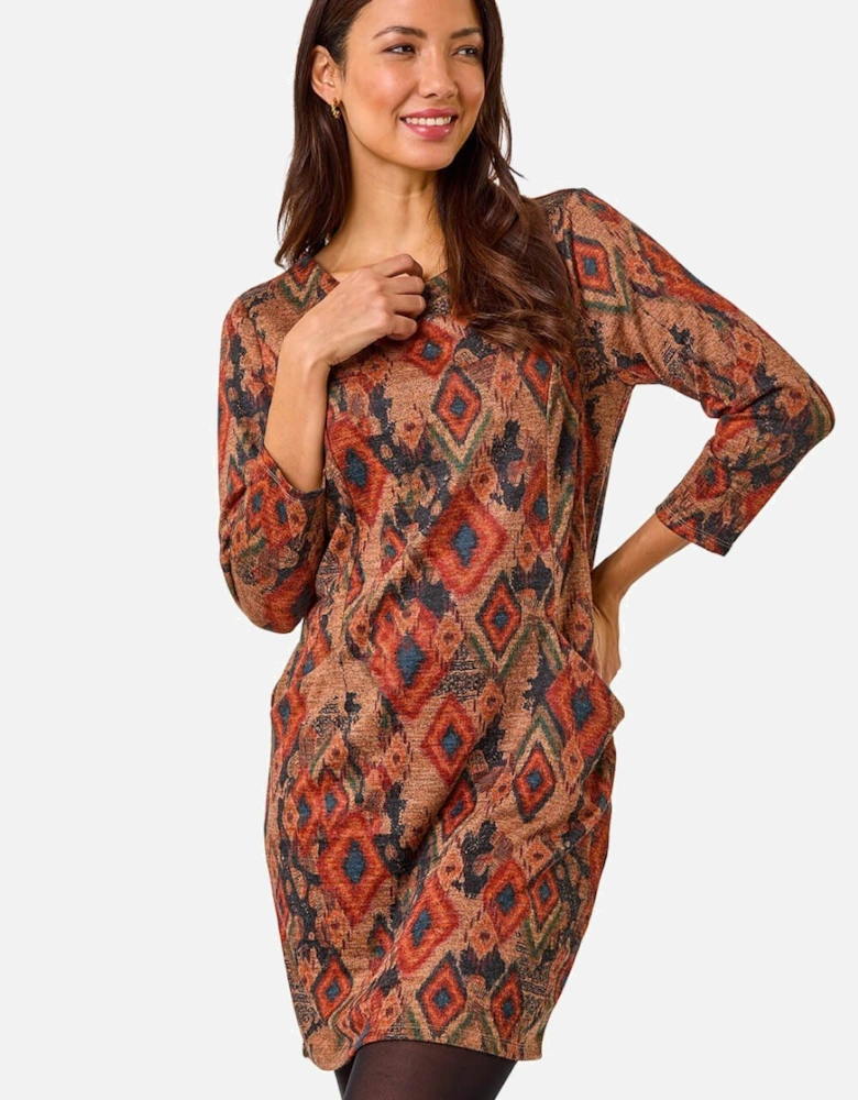 Aztec Print Pocket Shift Stretch Dress