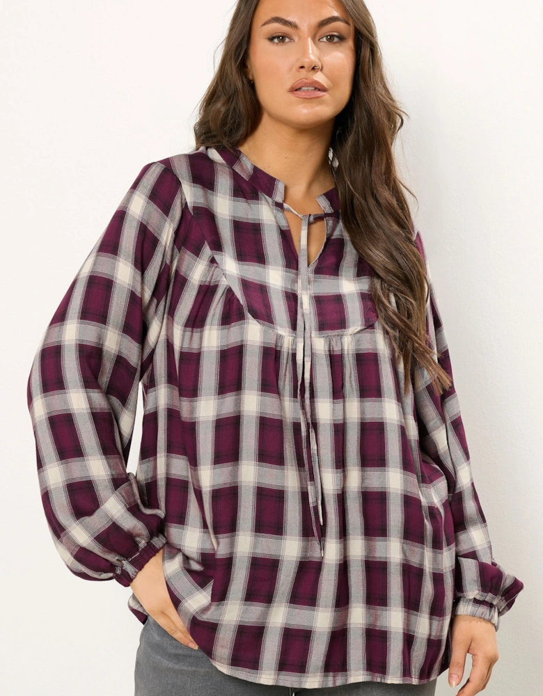 Check Tie Neck Blouse