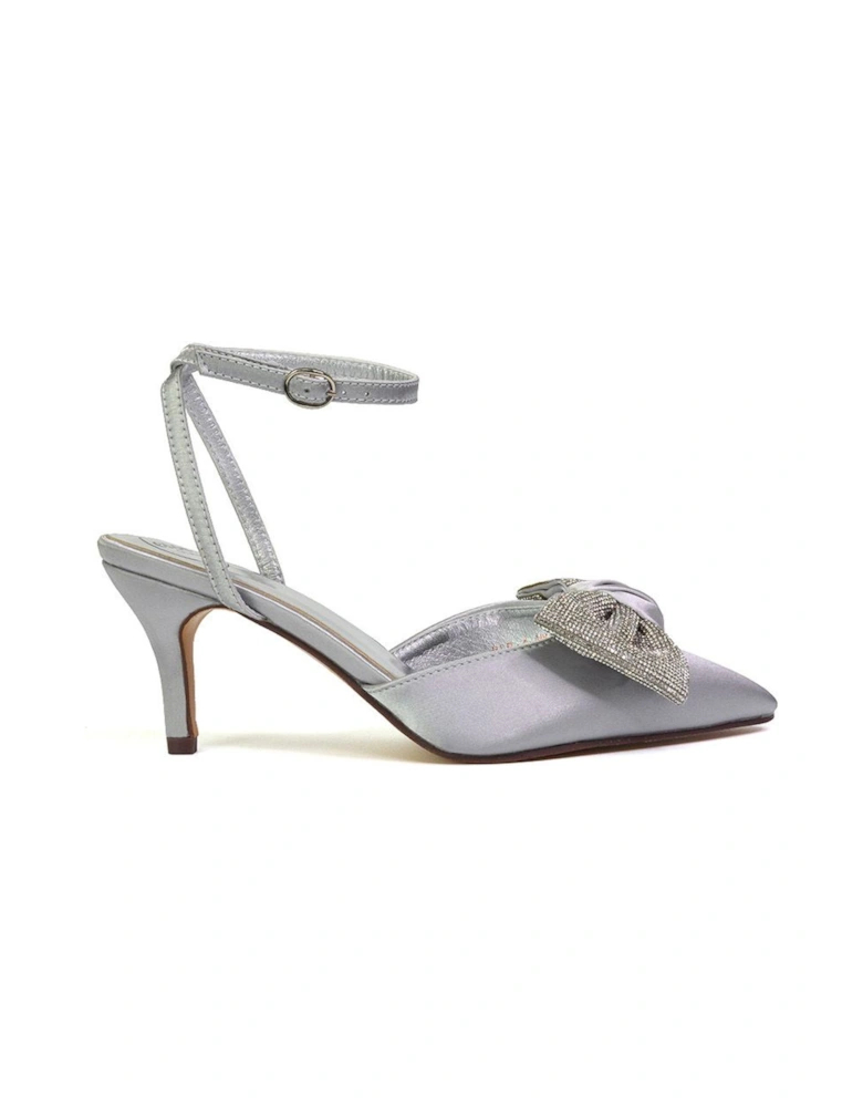 'Solene' Diamante Bow  Pointed Toe Court Shoes Mid Stiletto Bridal Heels