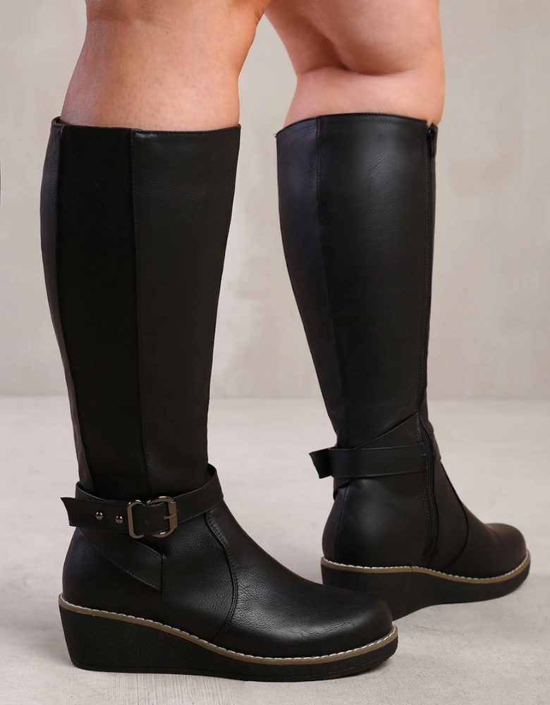 'Ayleen' Wide Calf Wedge Heel Knee High Boots With Elastic Panel