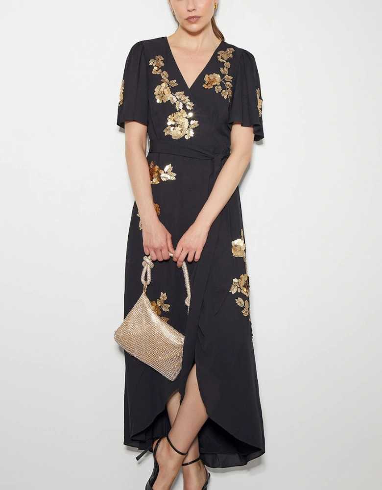 Sarah Sequin Floral Midi Wrap Dress Black