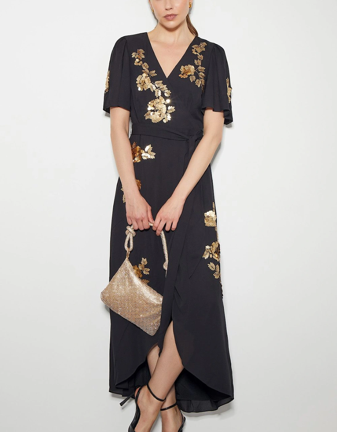Sarah Sequin Floral Midi Wrap Dress Black, 2 of 1