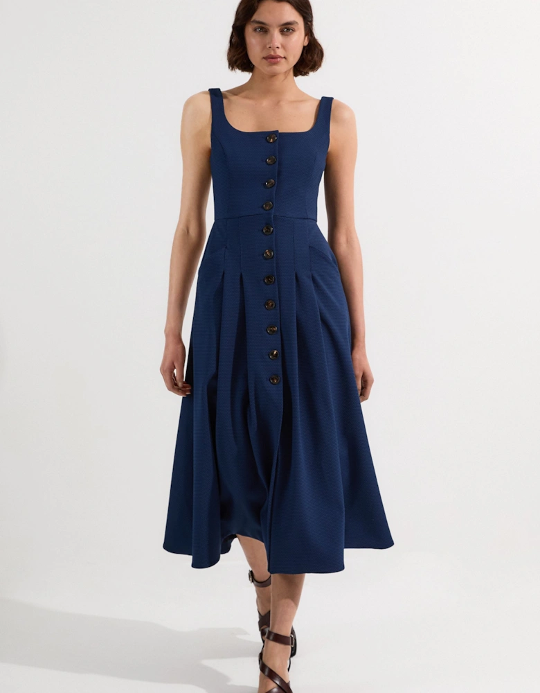 Tailored Textured Button Though Strappy Full Midi Dress