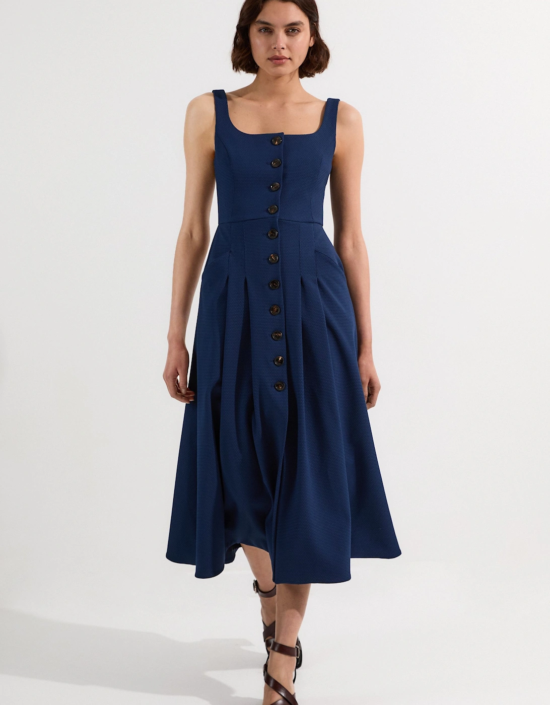 Tailored Textured Button Though Strappy Full Midi Dress, 2 of 1