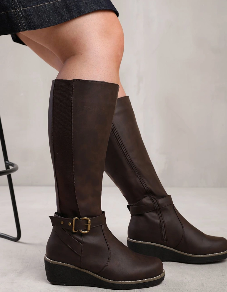 'Ayleen' Wide Calf Wedge Heel Knee High Boots With Elastic Panel