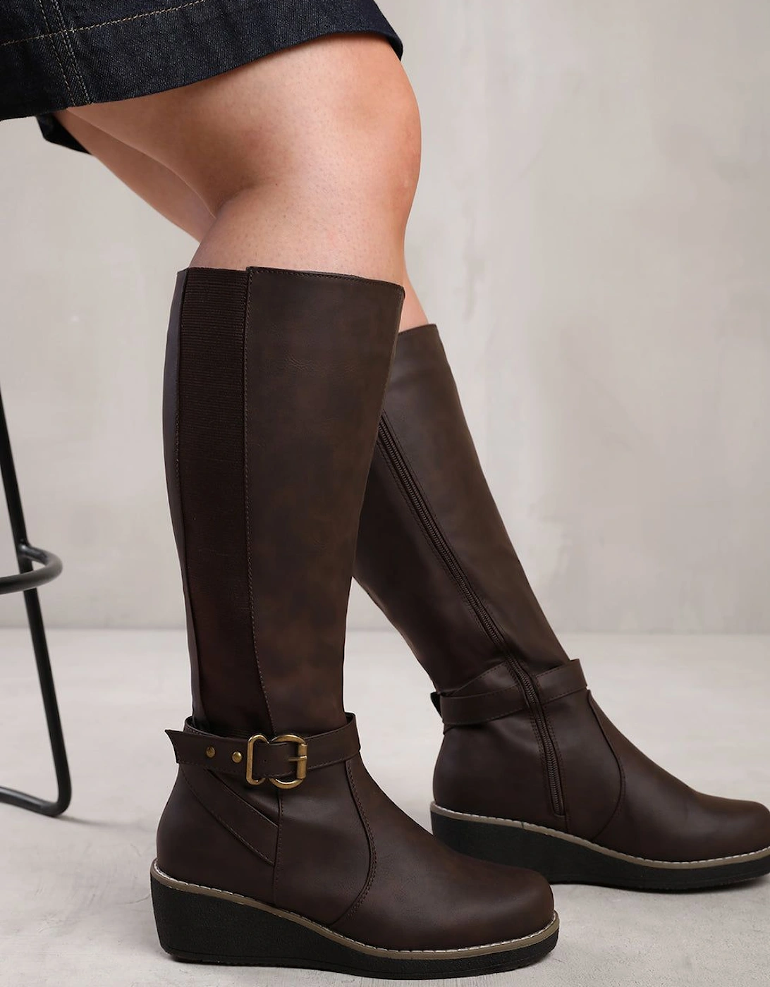'Ayleen' Wide Calf Wedge Heel Knee High Boots With Elastic Panel, 2 of 1