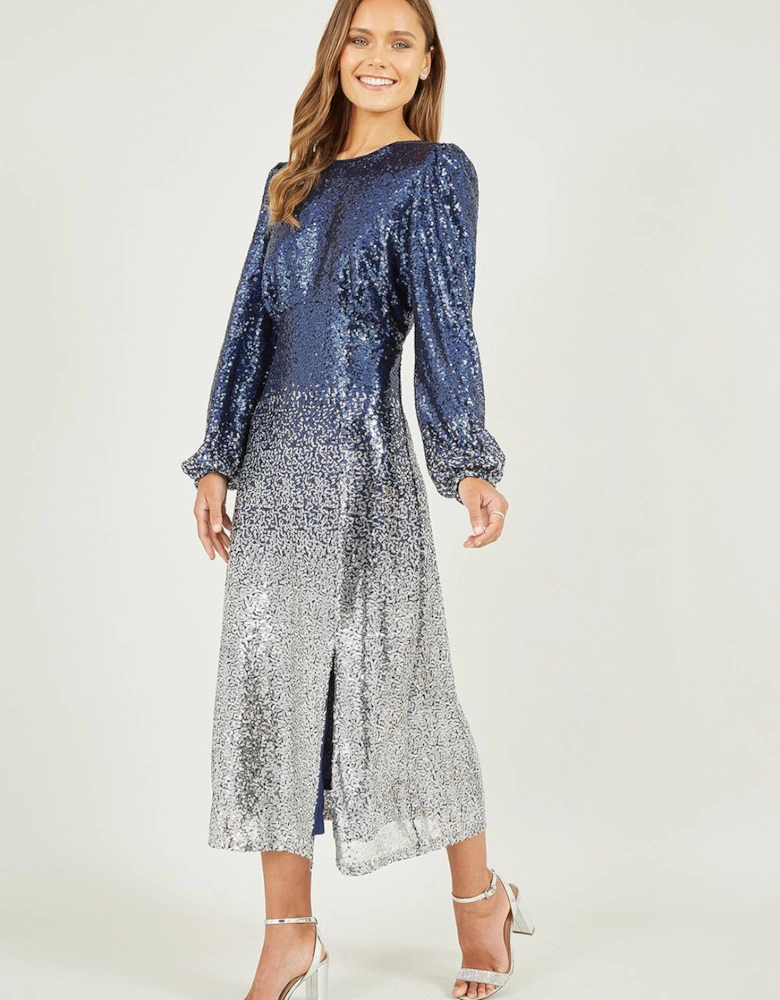 Navy and Silver Sequin Ombre Long Sleeve Midi Dress