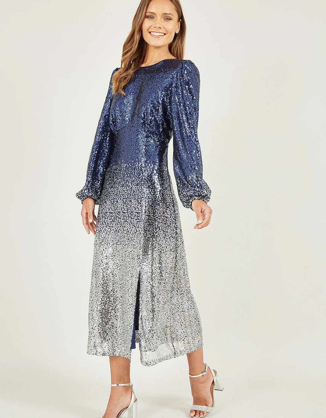 Navy and Silver Sequin Ombre Long Sleeve Midi Dress, 2 of 1