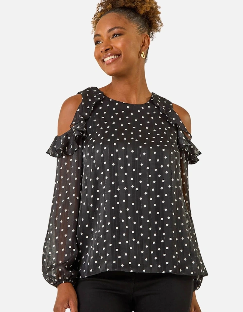 Spot Print Frill Cold Shoulder Top