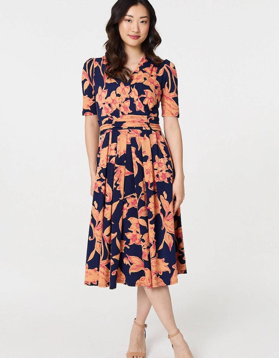 Floral 1/2 Sleeve Faux Wrap Midi Dress, 2 of 1