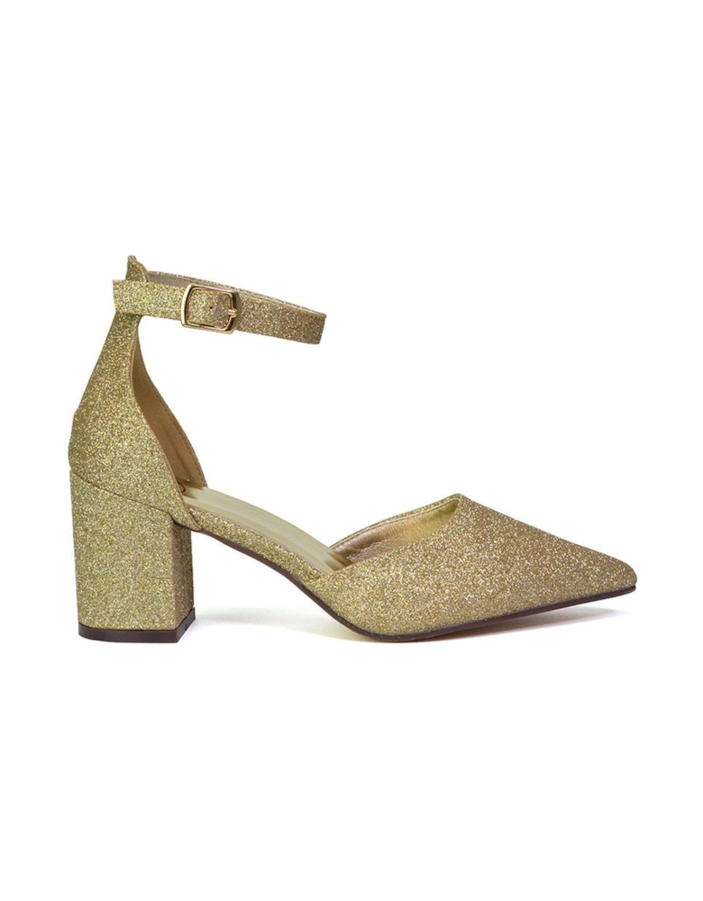 'Bronte' Pointed Toe Strappy Mid Block Heel Sandal Court Shoe