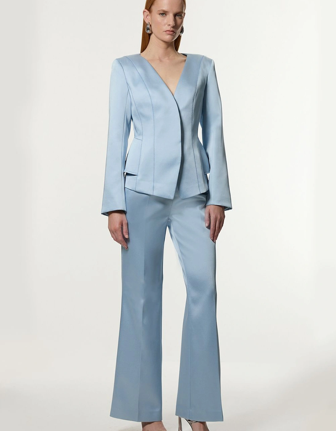Structured Viscose Satin Stitch Detail Tailored Kickflare Trouser, 2 of 1