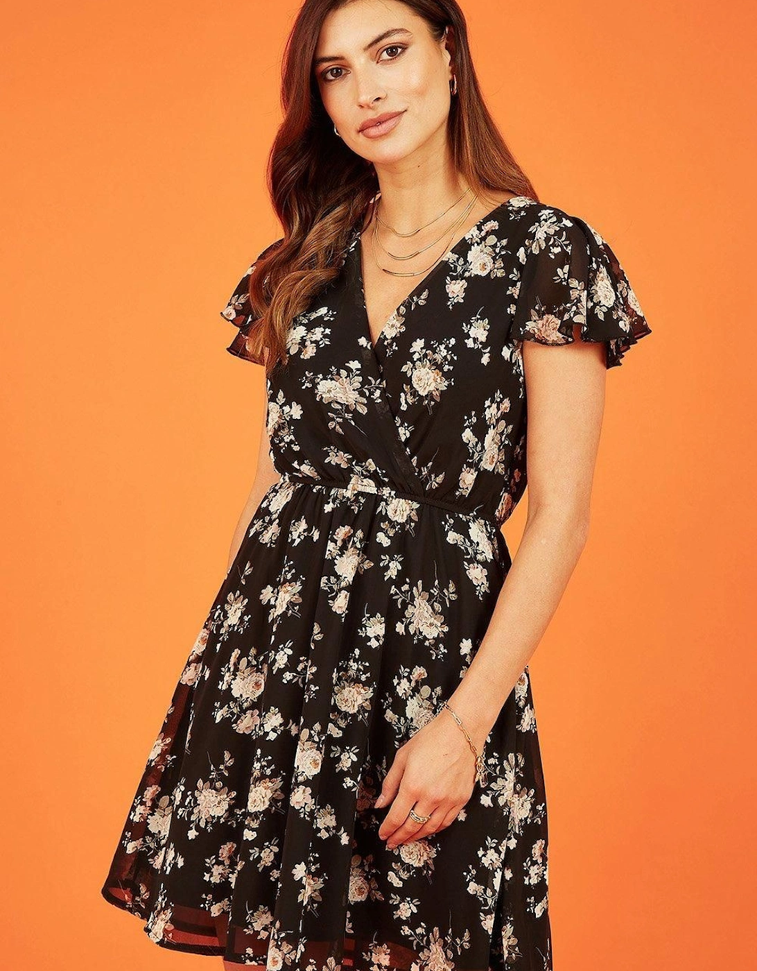 Black Floral Print Wrap Over Skater Dress, 2 of 1