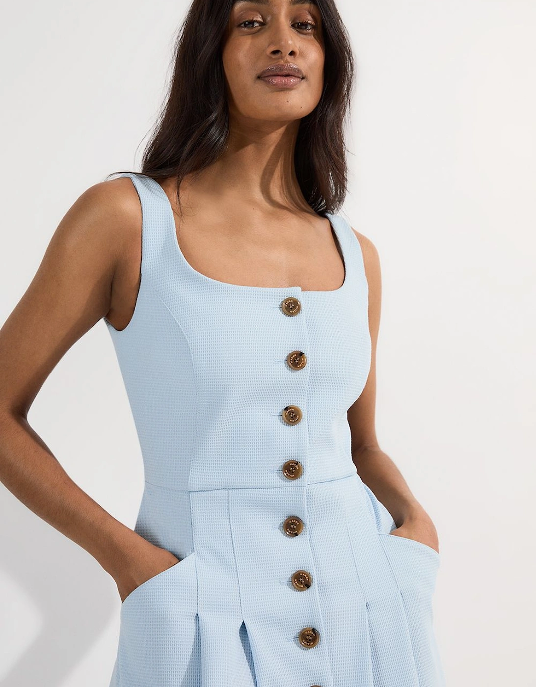 Tailored Textured Button Though Strappy Full Midi Dress, 2 of 1