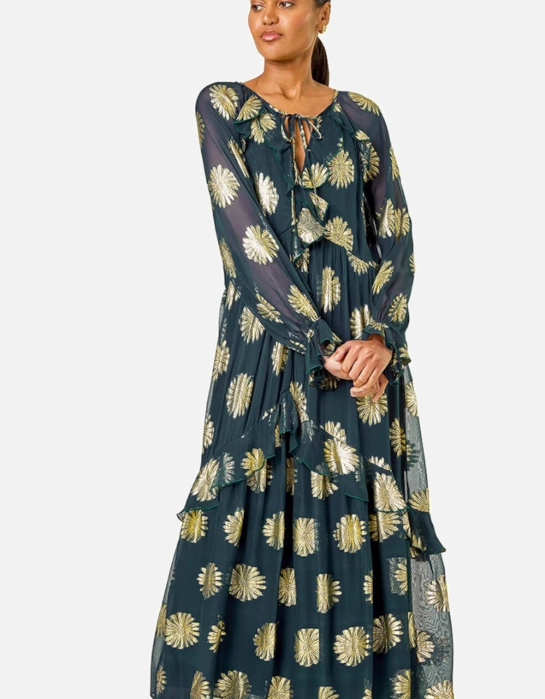 Frill Brocade Midi Dress