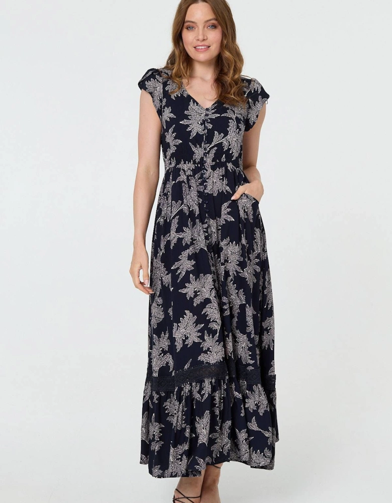 Leaf Print Shirred Lace Trim Maxi Dress