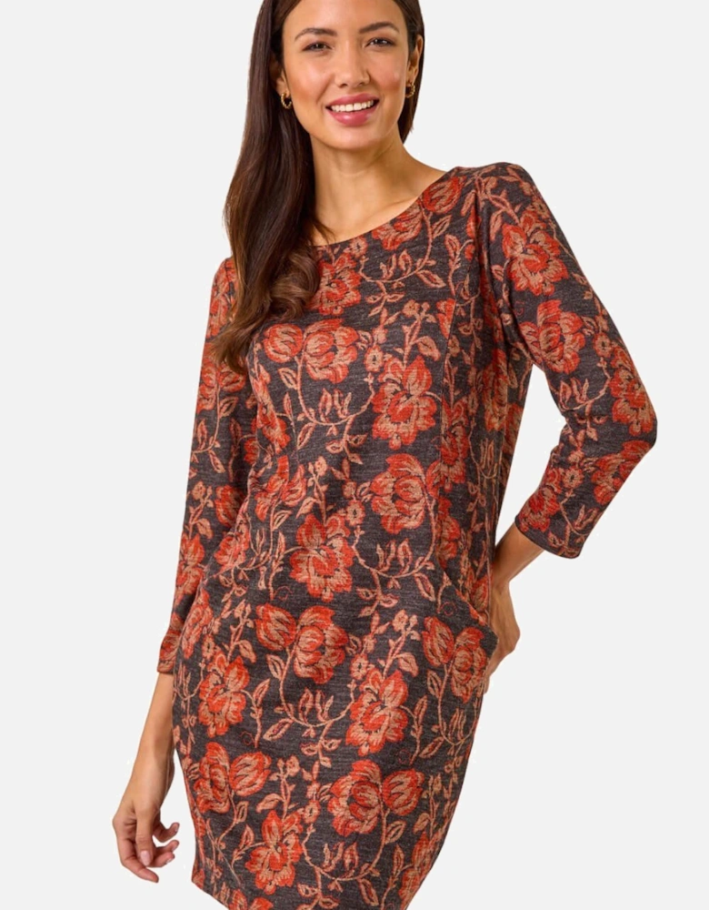 Floral Leaf Pocket Stretch Shift Dress