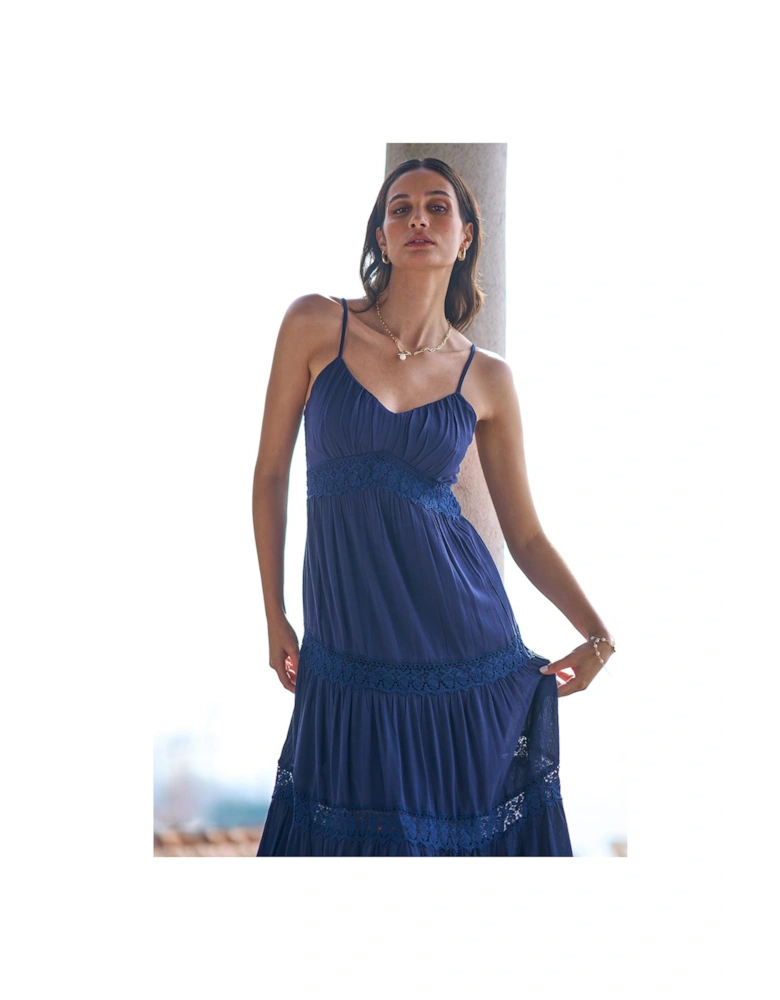 Navy Lace Tiered Strappy Maxi Dress