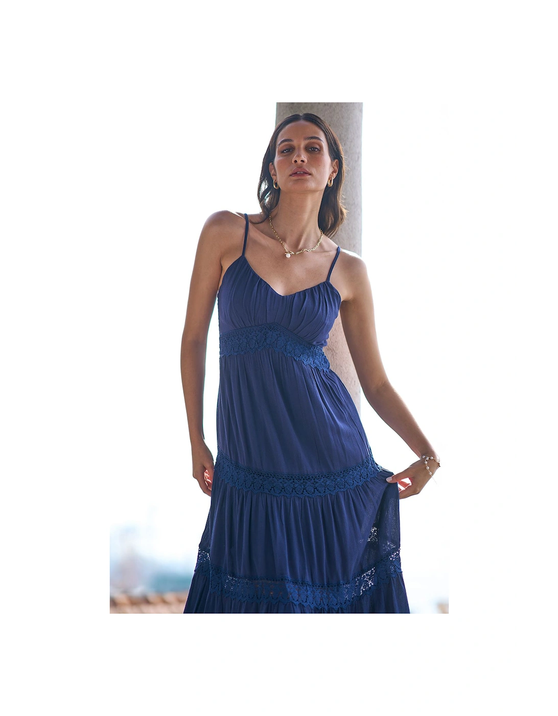 Navy Lace Tiered Strappy Maxi Dress, 2 of 1