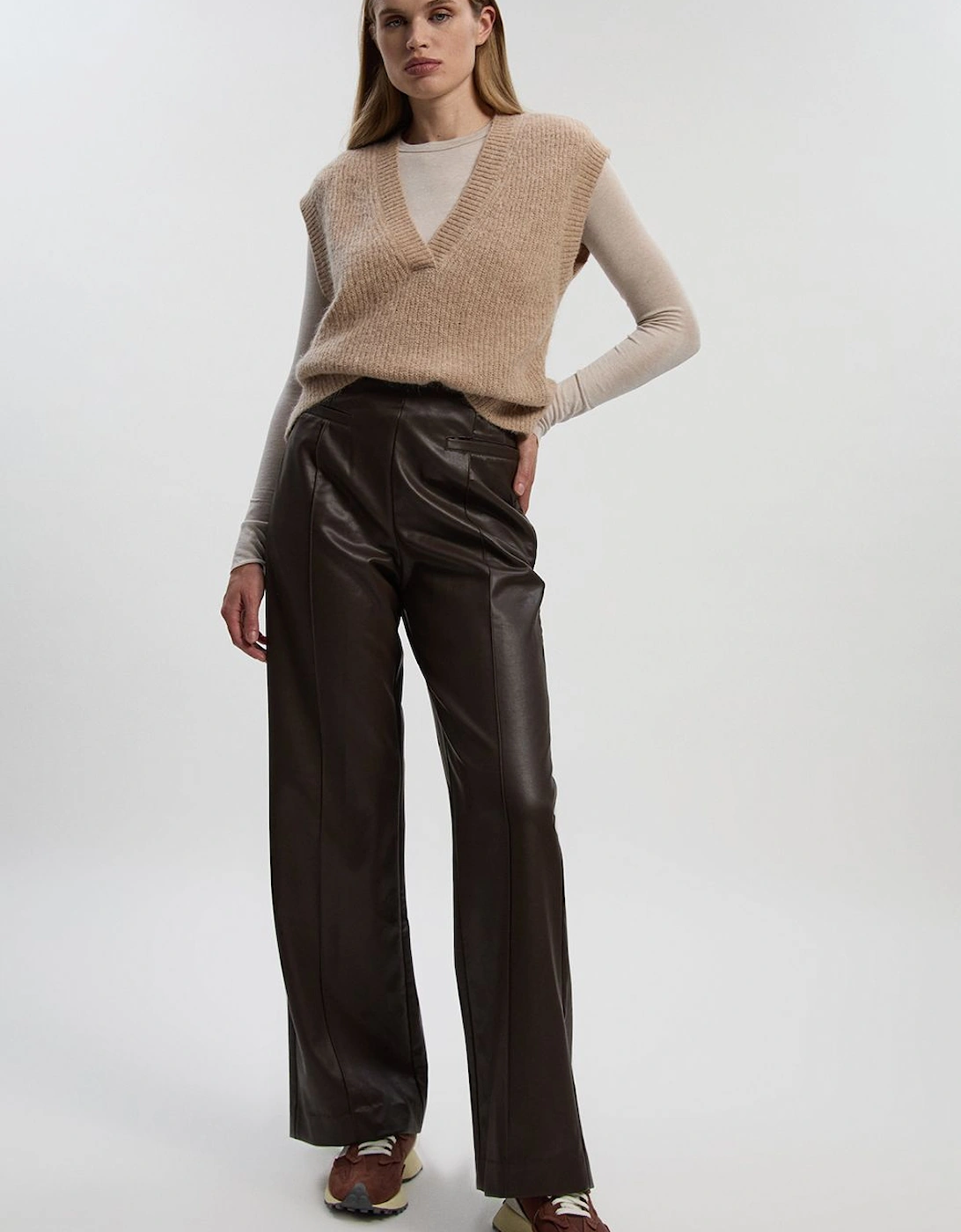 Faux Leather Seam Detail Wide Leg Tailored Trouser, 2 of 1