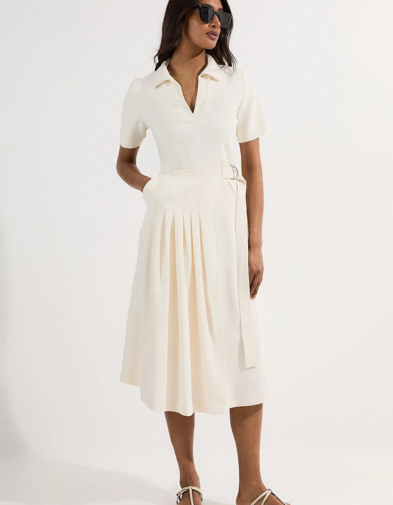 Soft Tailored Pleated Belted Midi Dress