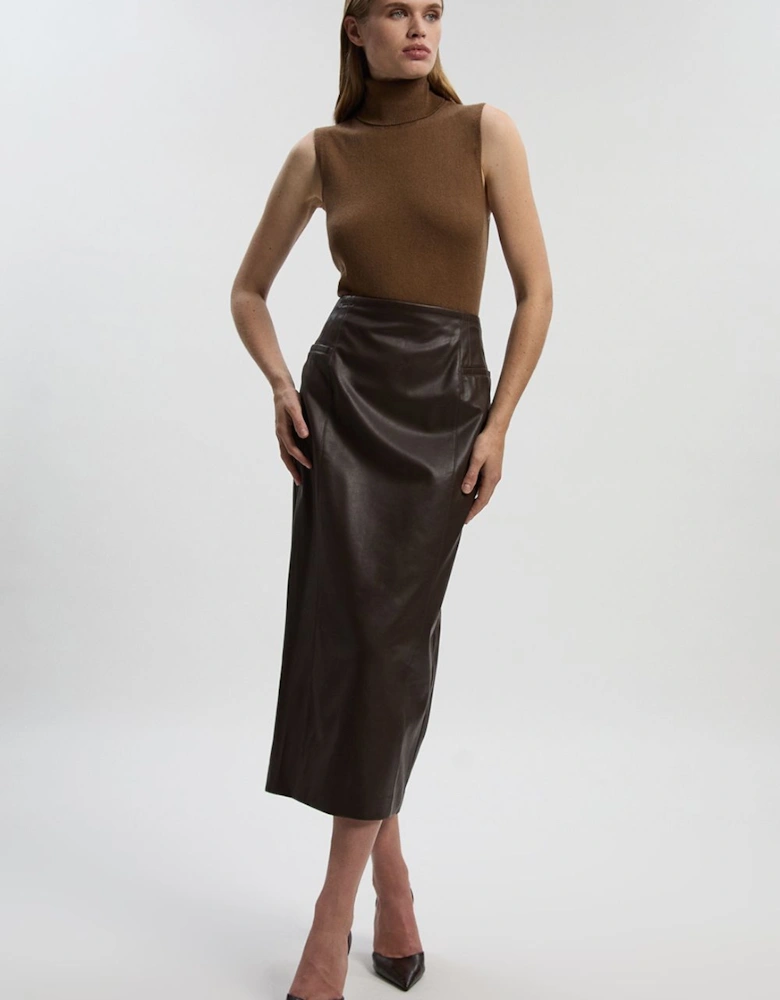 Faux Leather Seam Waist Detail Pencil Midi Skirt