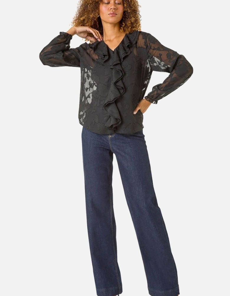 Floral Ruffle V-Neck Burnout Top