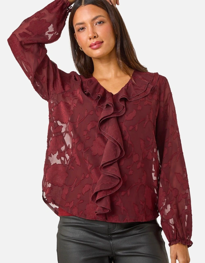Floral Ruffle V-Neck Burnout Top