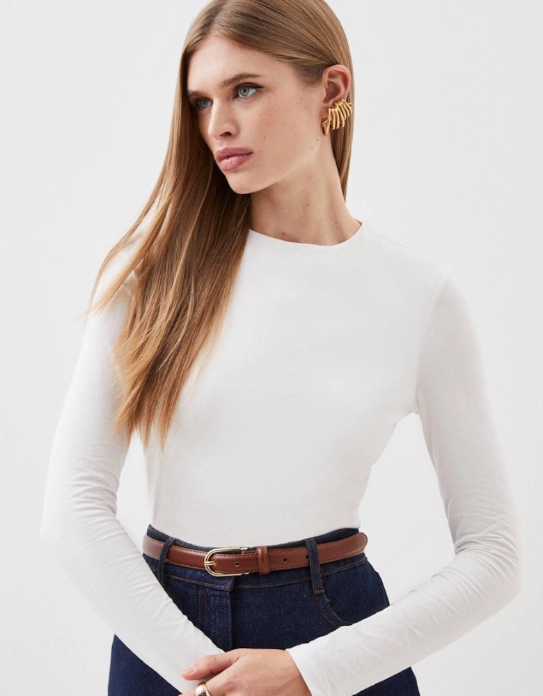 Stretch Cotton Crew Neck Long Sleeve Top