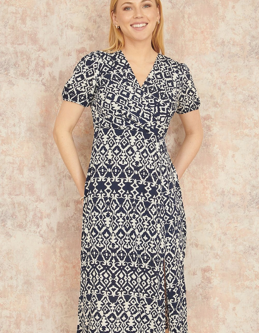 Navy Ikat Print Midi Dress With Split Hem, 2 of 1