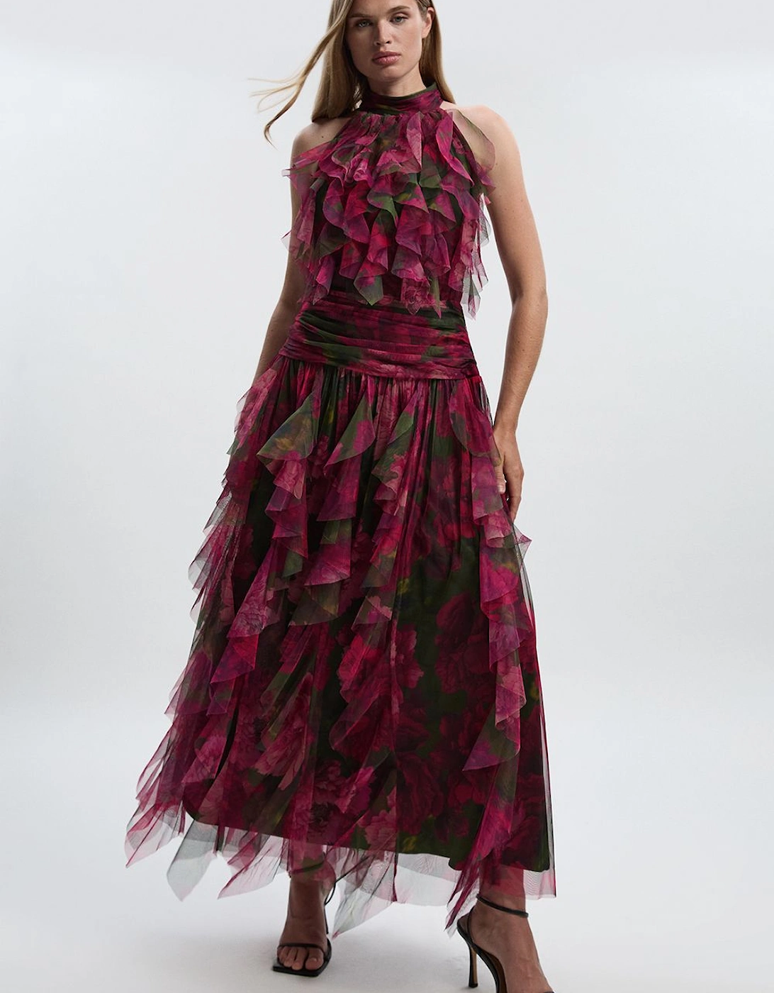 Rose Floral Tulle Halter Neck Woven Maxi Dress, 2 of 1