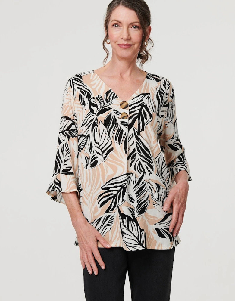 Leaf Print 3/4 Sleeve Button Trim Blouse