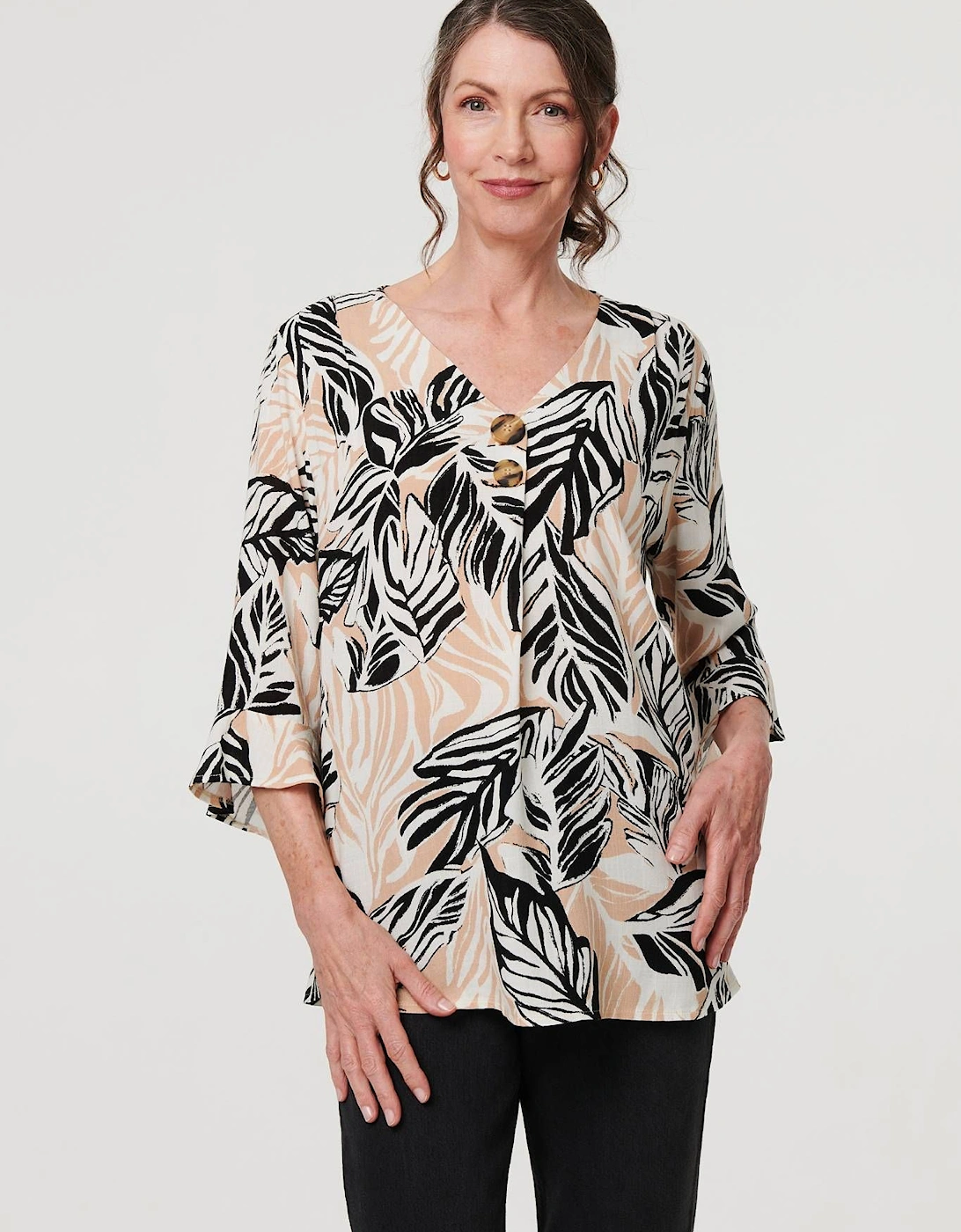 Leaf Print 3/4 Sleeve Button Trim Blouse, 2 of 1