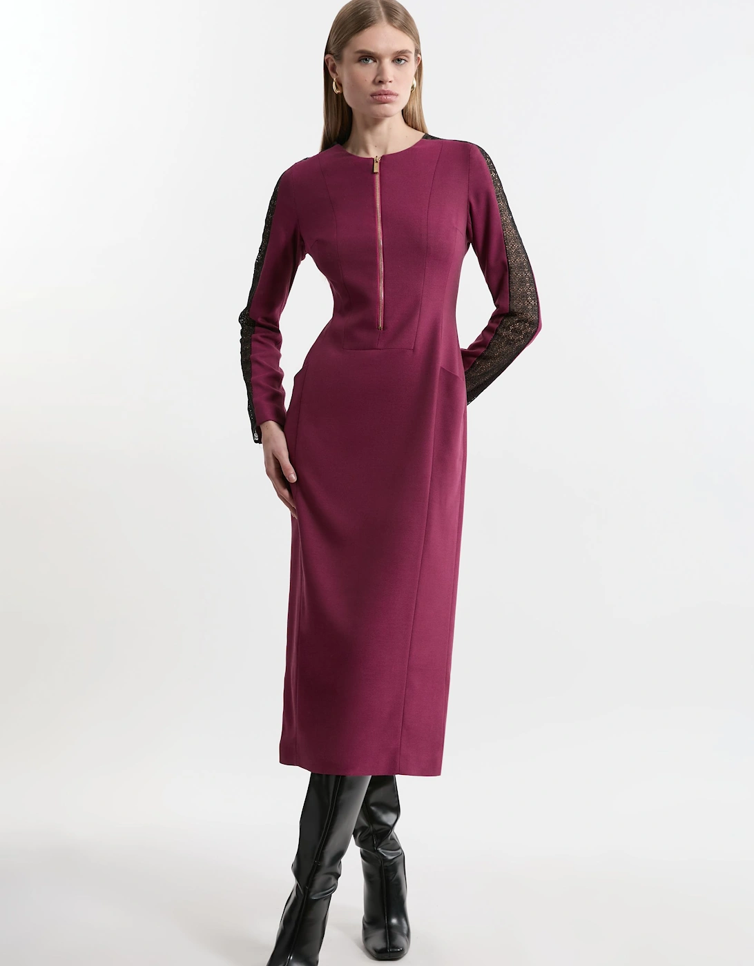 Petite Tailored Twill Lace Mix Zip Front Midi Dress, 2 of 1