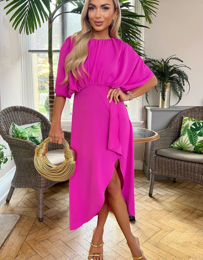 Hot Pink Batwing Top Wrap Skirt Midi Dress