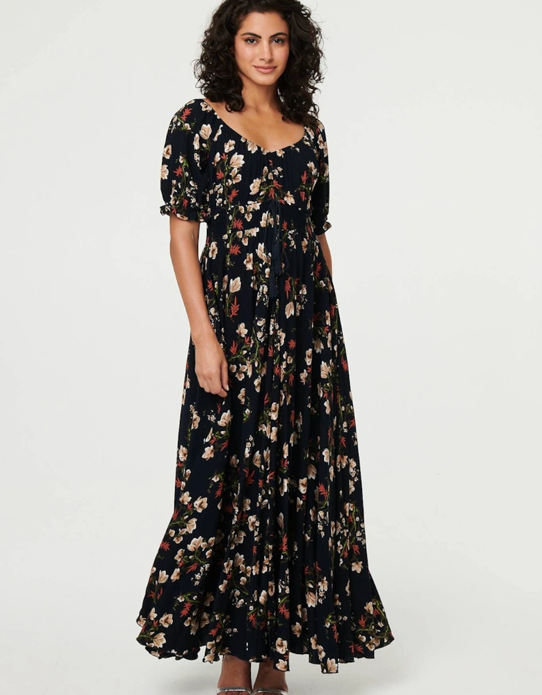 Floral Bardot Shirred Empire Maxi Dress