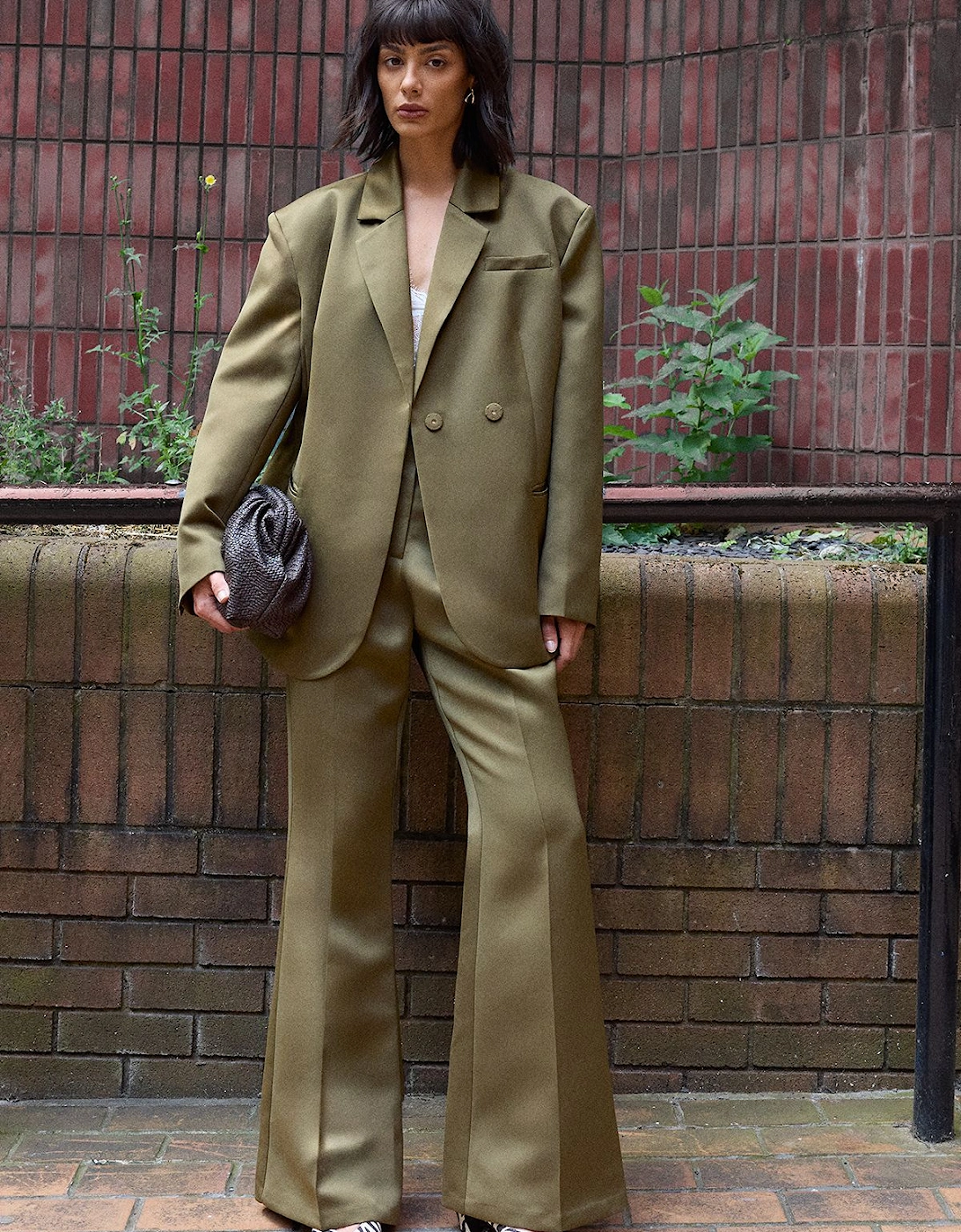 Premium Satin Clean Waistband Flare Trousers Co-ord, 2 of 1