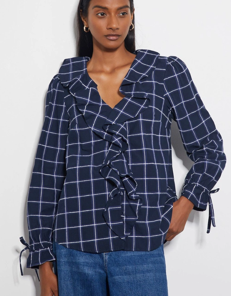 Frankie Check Print Ruffle Blouse Blue