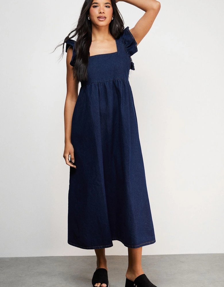 Denim Square Neck Frill Smock Midi Dress
