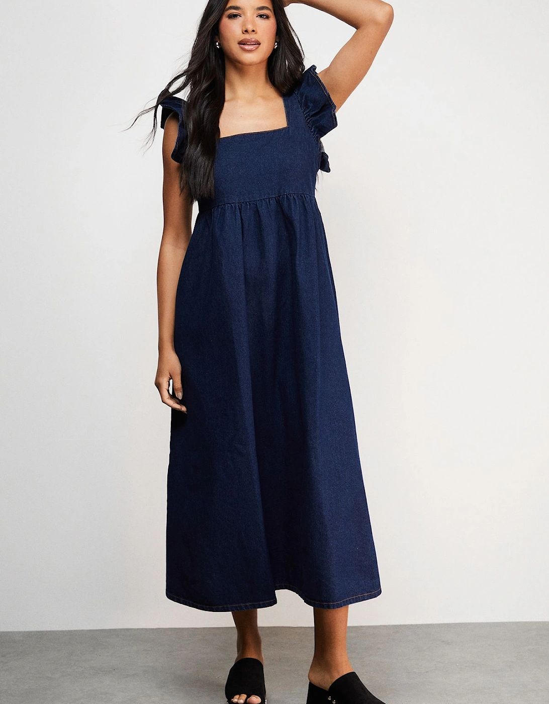 Denim Square Neck Frill Smock Midi Dress, 2 of 1