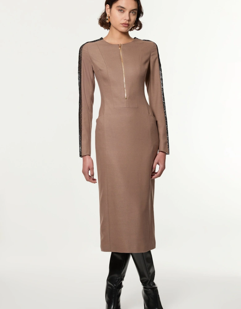 Tall Tailored Twill Lace Mix Zip Front Midi Dress
