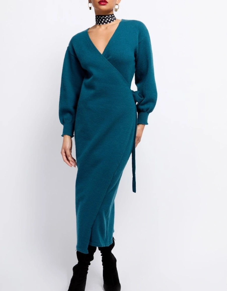Petrol Knit Midaxi Wrap Dress
