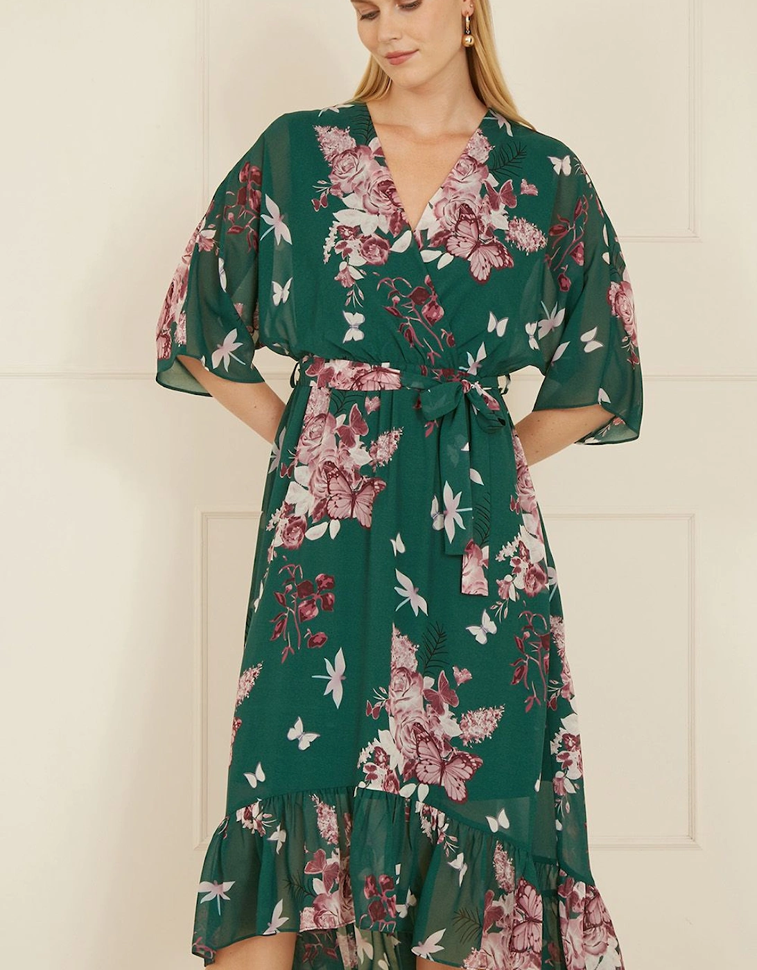 Green Floral Kimono Dipped Hem Dress, 2 of 1