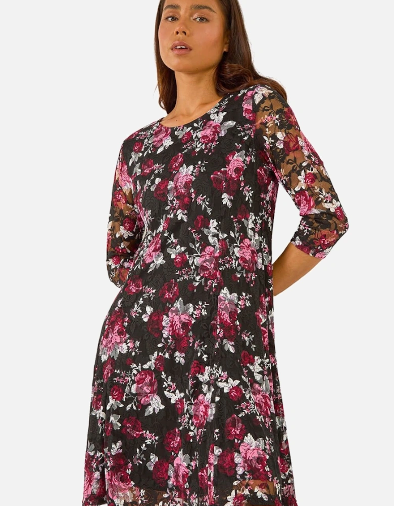 Petite Floral Print Lace Stretch Dress